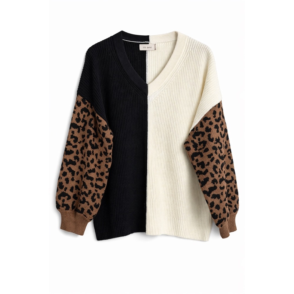 NWT Mi Ami Francesca's Leopard Colorblock V-Neck Sweater Black Cream Large